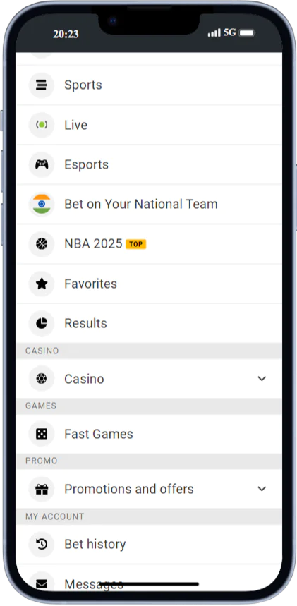 Screenshot of the Melbet application menu