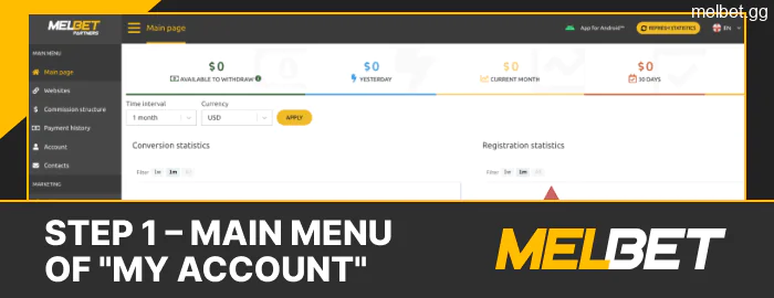 Main menu of "My Account" of Melbet Affiliate website