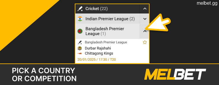 Select a country or a cricket competition on the Melbet Sports page