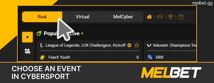 Select an eSports event at Melbet