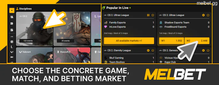 Select Melbet eSports game, match and betting odds