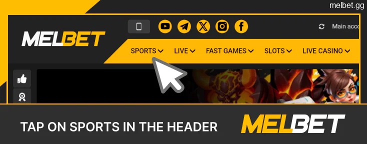 Tap on Sports in the Melbet header