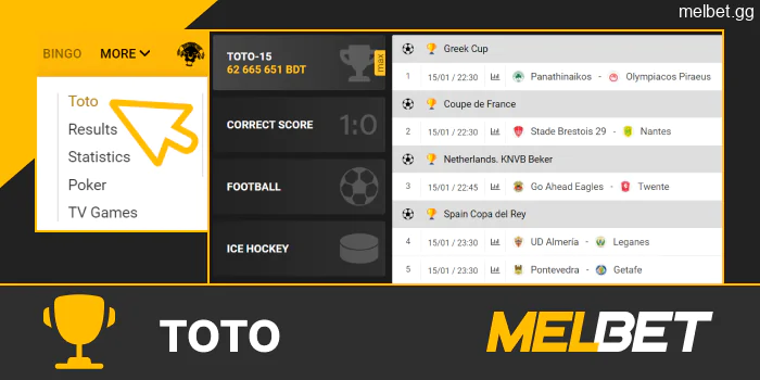 Toto betting mode on the Melbet website