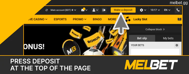 Make a deposit at the Melbet website