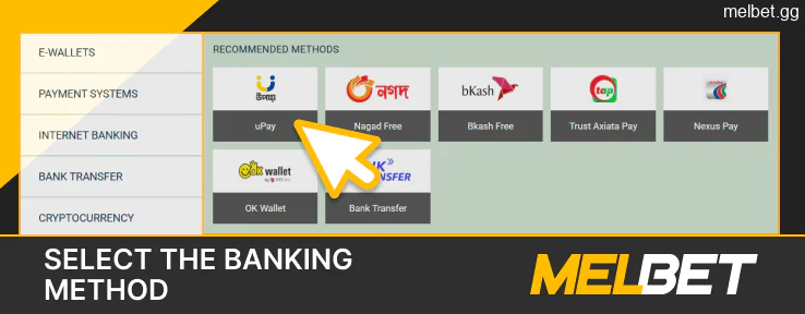 Selection of Melbet banking method