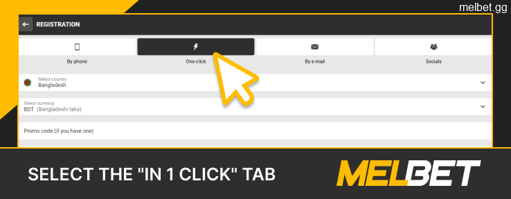 Select the "In 1 Click" tab in the Melbet registration window